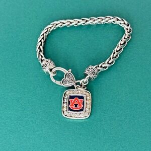 AUBURN UNIVERSITY Silver Tone Bracelet Rhinestones 7.75" Long Heart Lock Closure